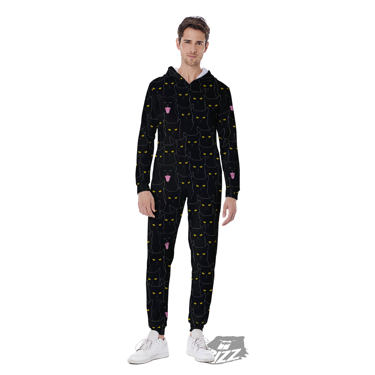 Black Cats Eyes Yellow Print Pattern Men's Jumpsuit-grizzshop