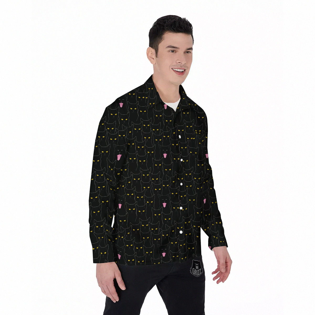 Black Cats Eyes Yellow Print Pattern Men's Long Sleeve Shirts-grizzshop