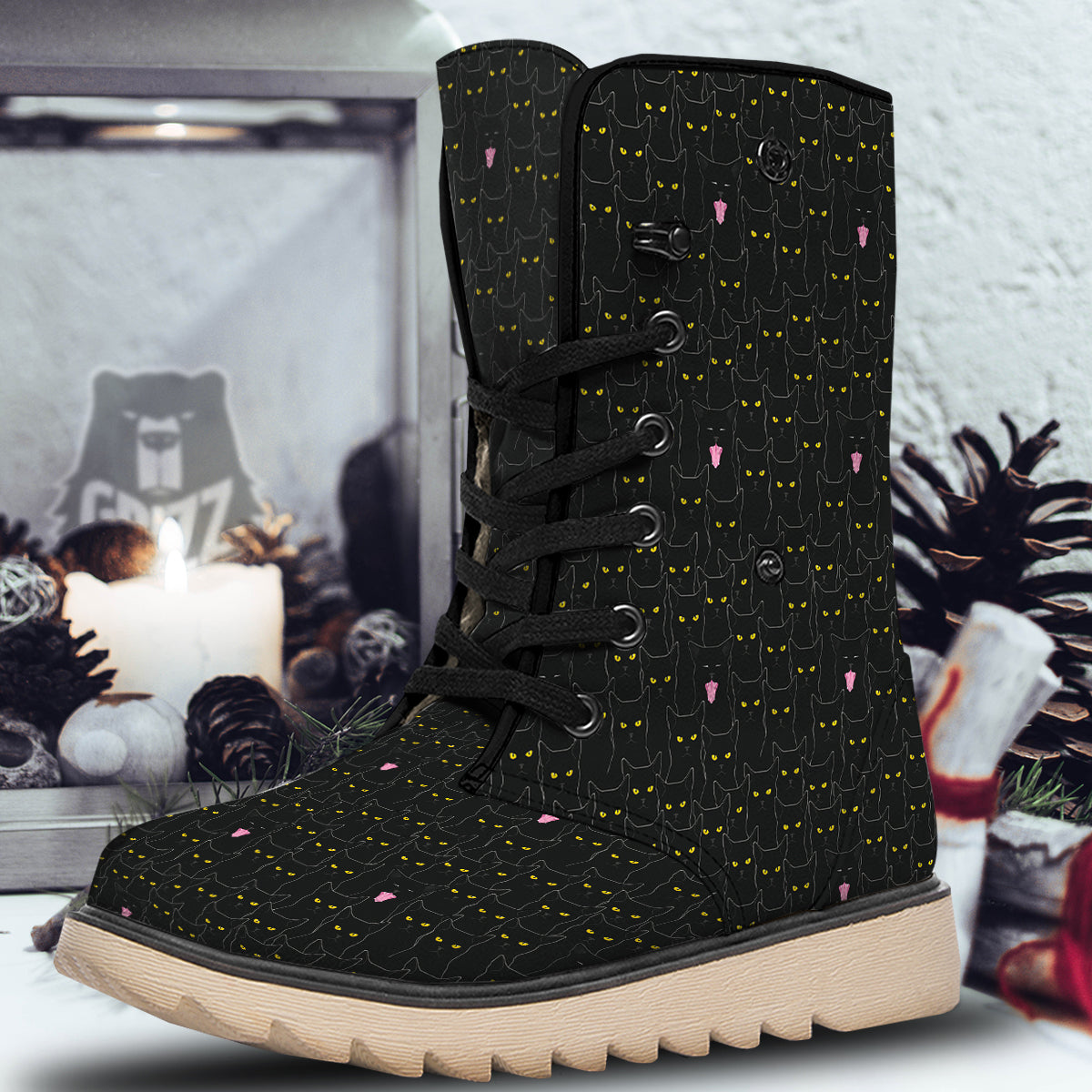 Black Cats Eyes Yellow Print Pattern Snow Boots-grizzshop