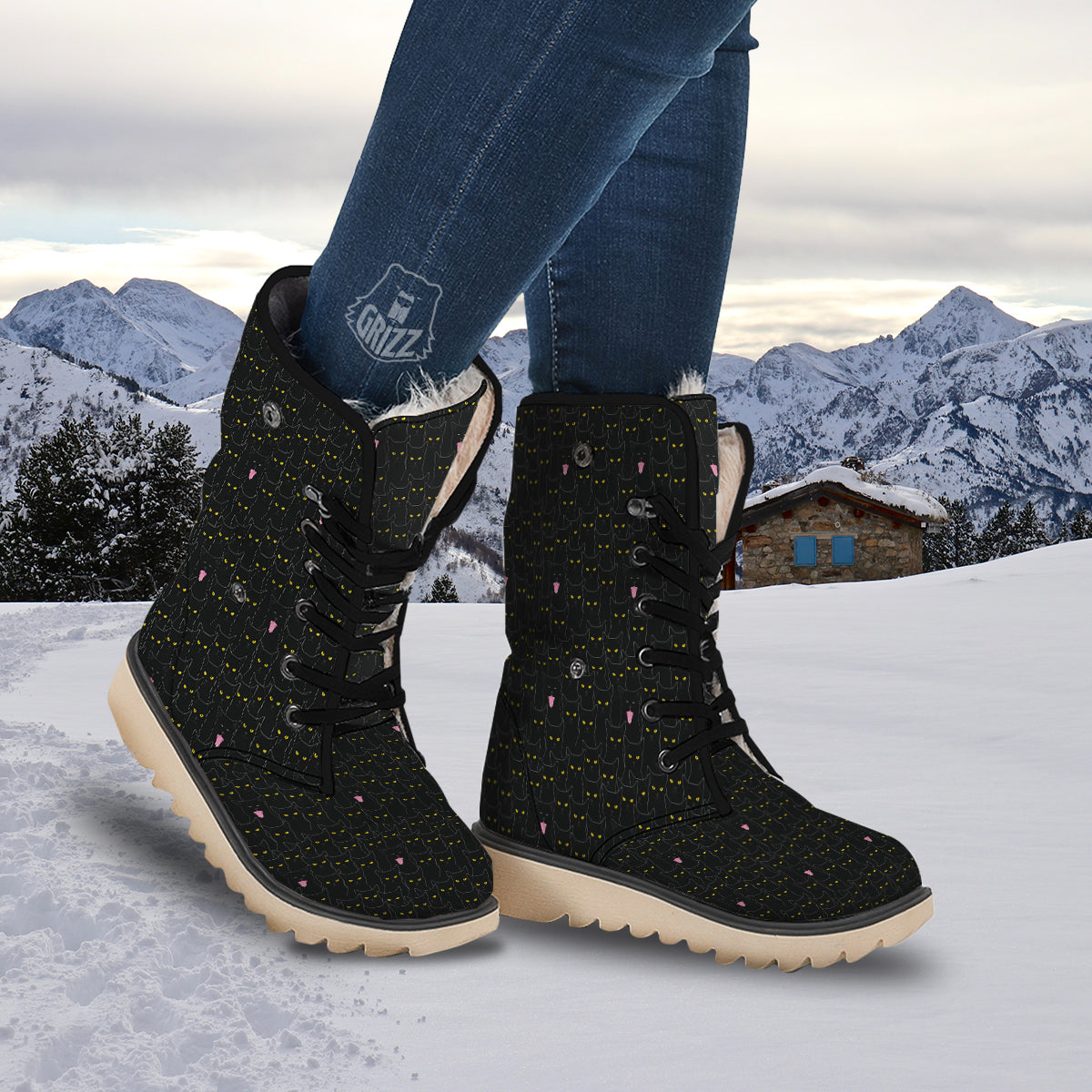 Black Cats Eyes Yellow Print Pattern Snow Boots-grizzshop