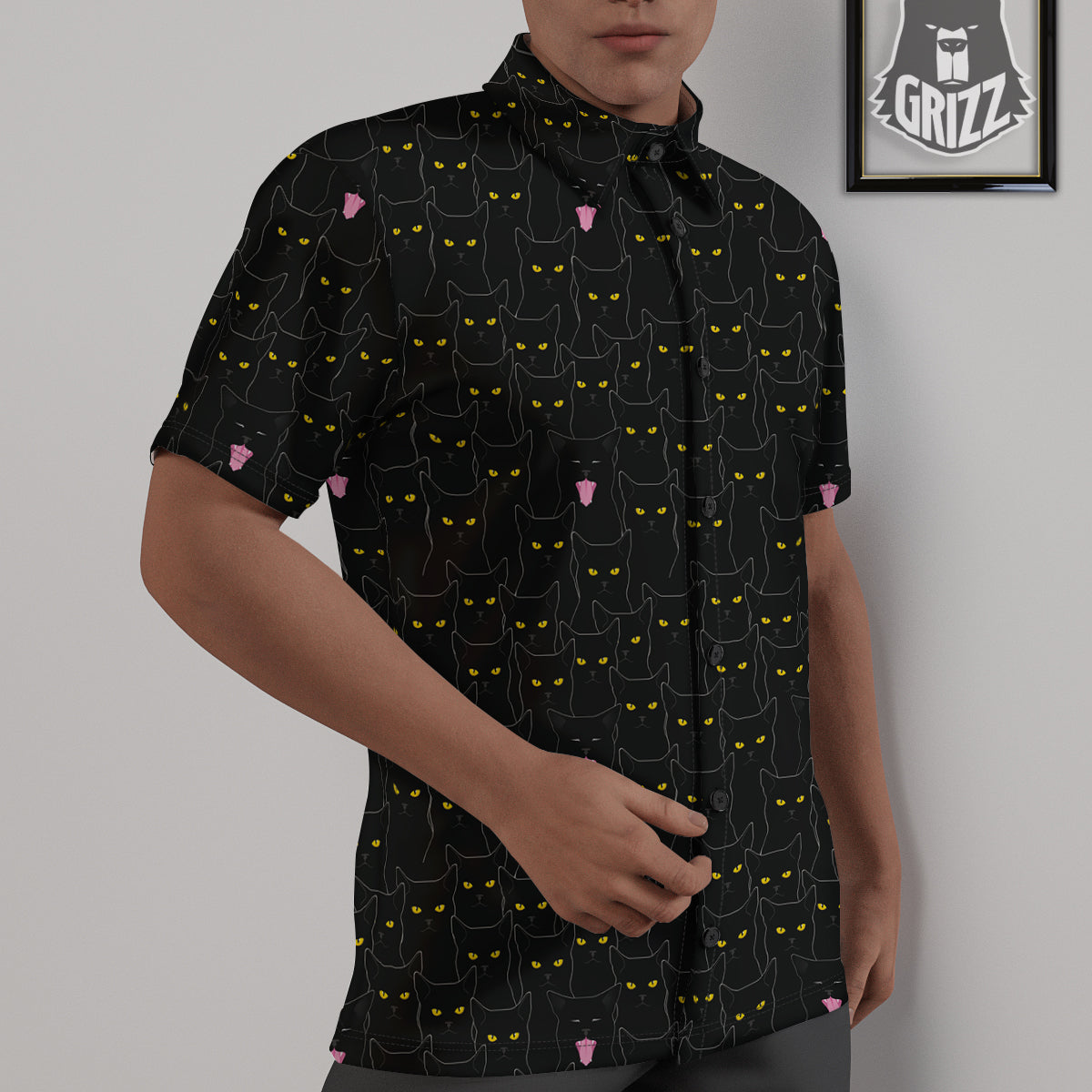 Black Cats Eyes Yellow Print Pattern Untucked Shirts-grizzshop
