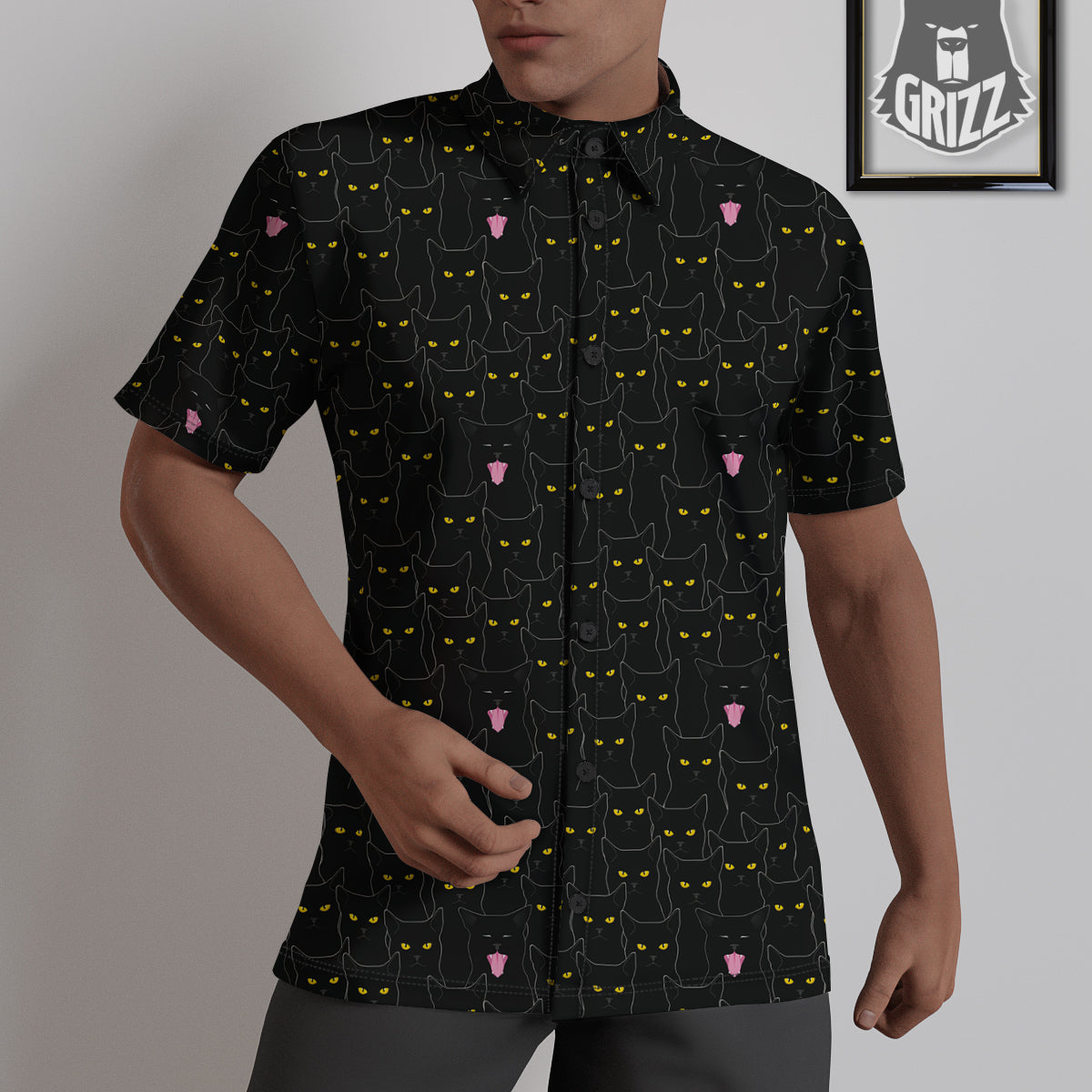 Black Cats Eyes Yellow Print Pattern Untucked Shirts-grizzshop