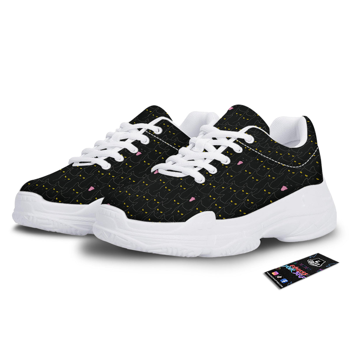 Black Cats Eyes Yellow Print Pattern White Chunky Shoes-grizzshop