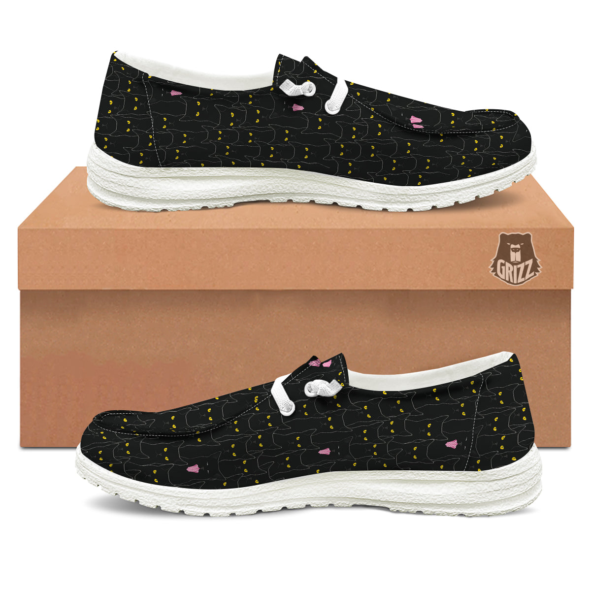 Black Cats Eyes Yellow Print Pattern White Loafers-grizzshop