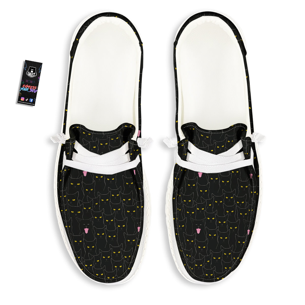 Black Cats Eyes Yellow Print Pattern White Loafers-grizzshop