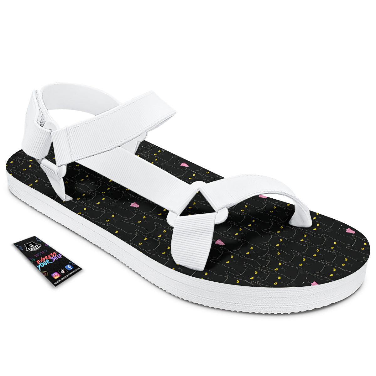 Black Cats Eyes Yellow Print Pattern White Open Toe Sandals-grizzshop