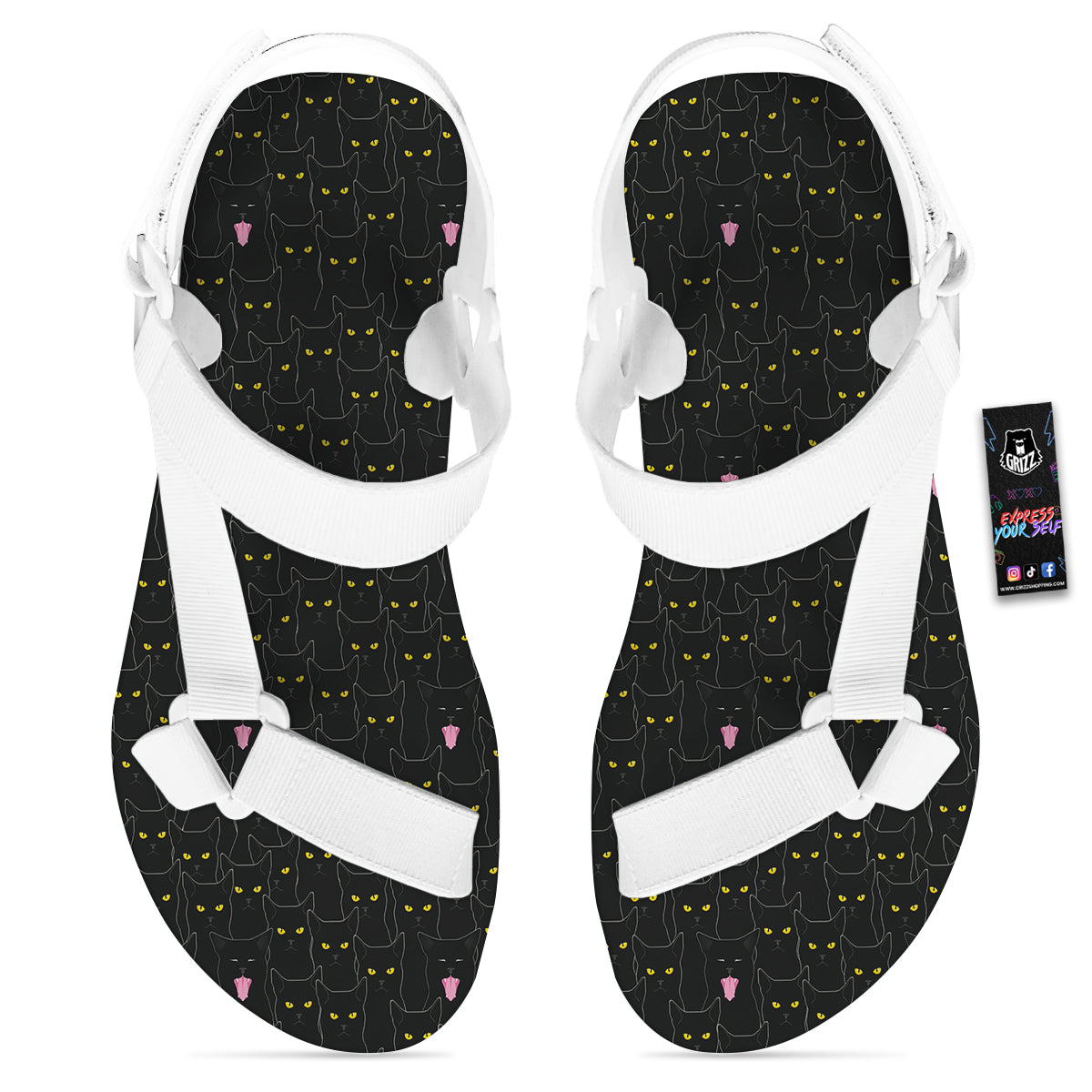 Black Cats Eyes Yellow Print Pattern White Open Toe Sandals-grizzshop