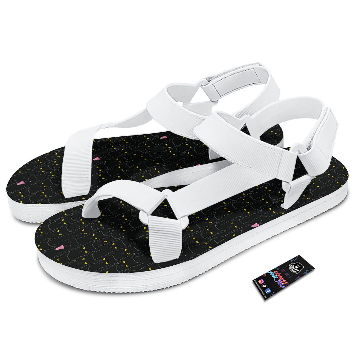 Black Cats Eyes Yellow Print Pattern White Open Toe Sandals-grizzshop