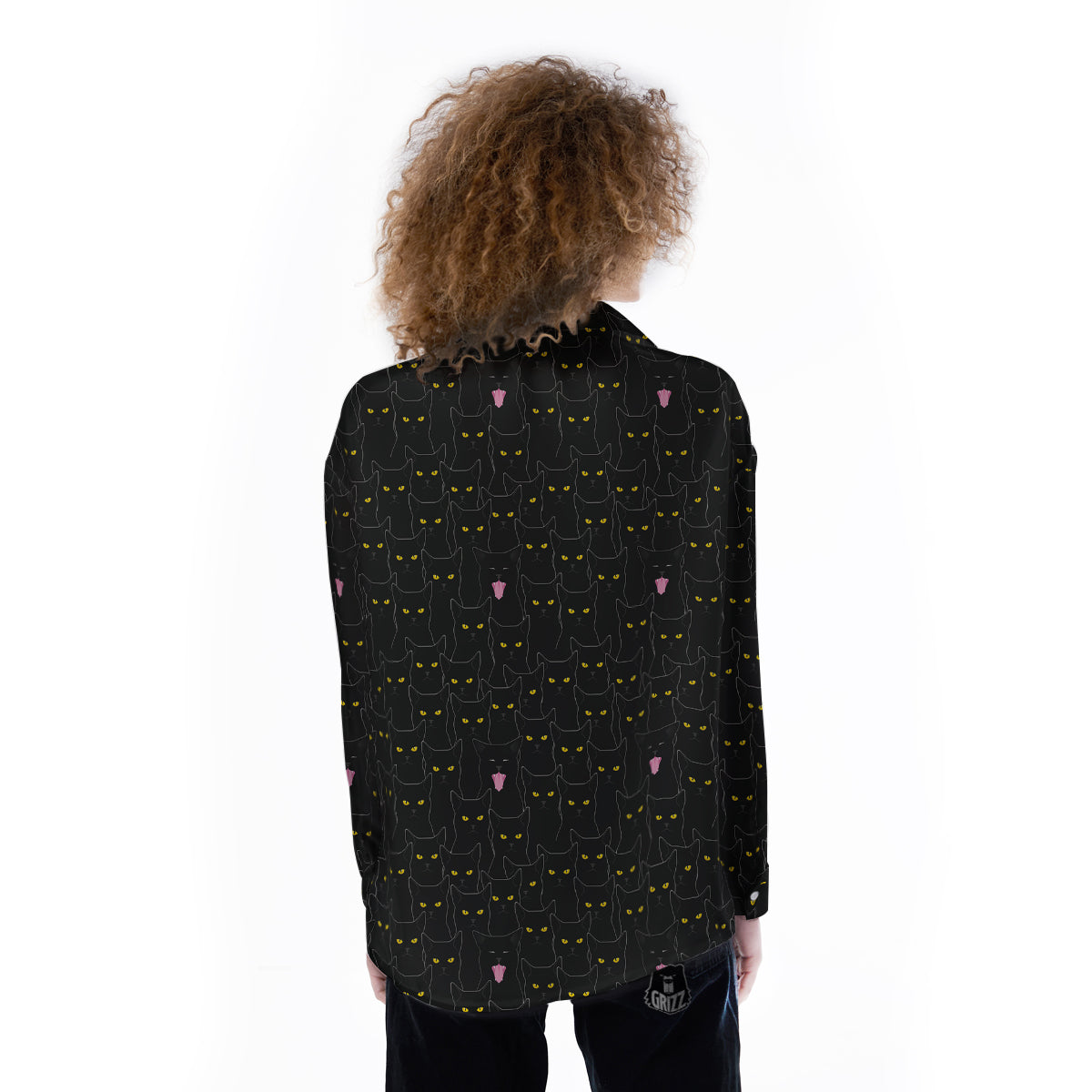 Black Cats Eyes Yellow Print Pattern Women's Long Sleeve Shirts-grizzshop