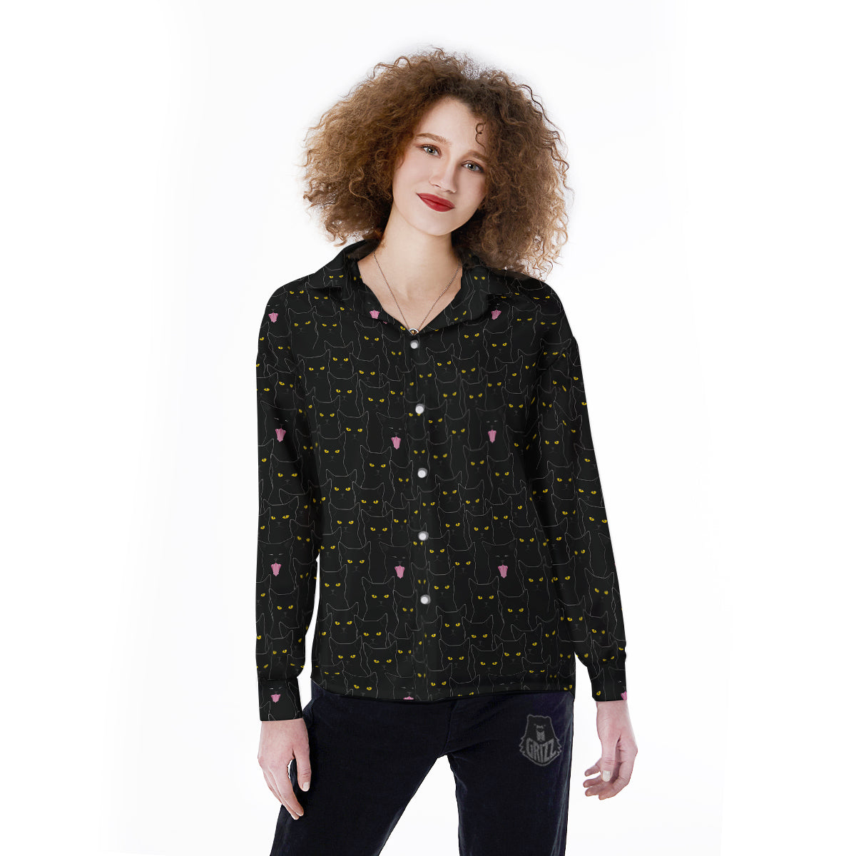 Black Cats Eyes Yellow Print Pattern Women's Long Sleeve Shirts-grizzshop