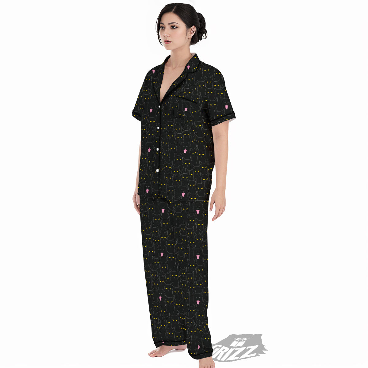 Black Cats Eyes Yellow Print Pattern Women's Pajamas Set-grizzshop
