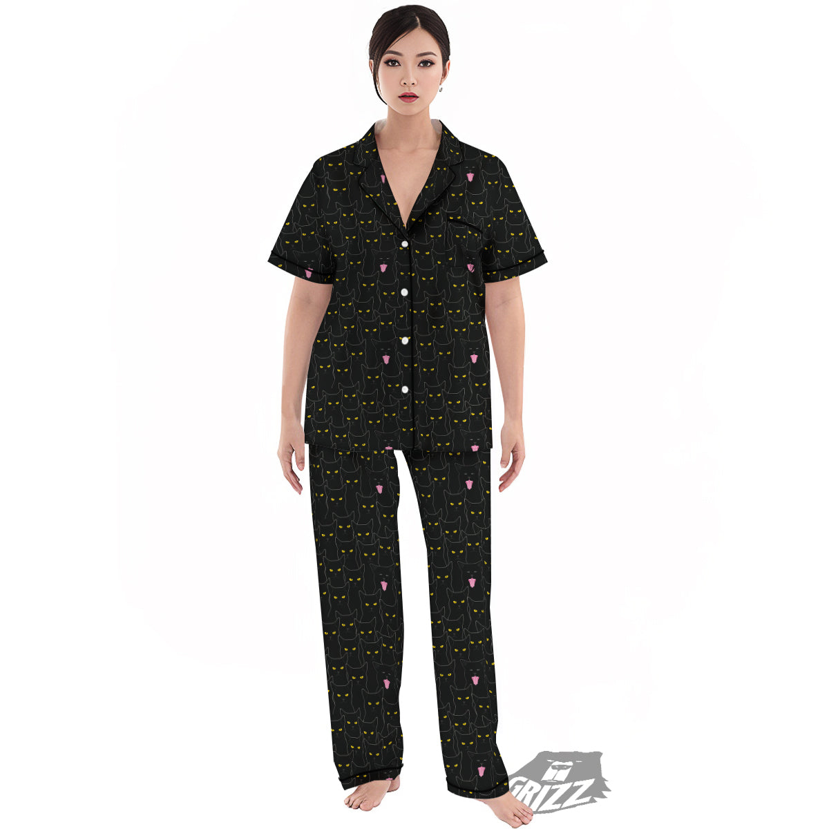 Black Cats Eyes Yellow Print Pattern Women's Pajamas Set-grizzshop