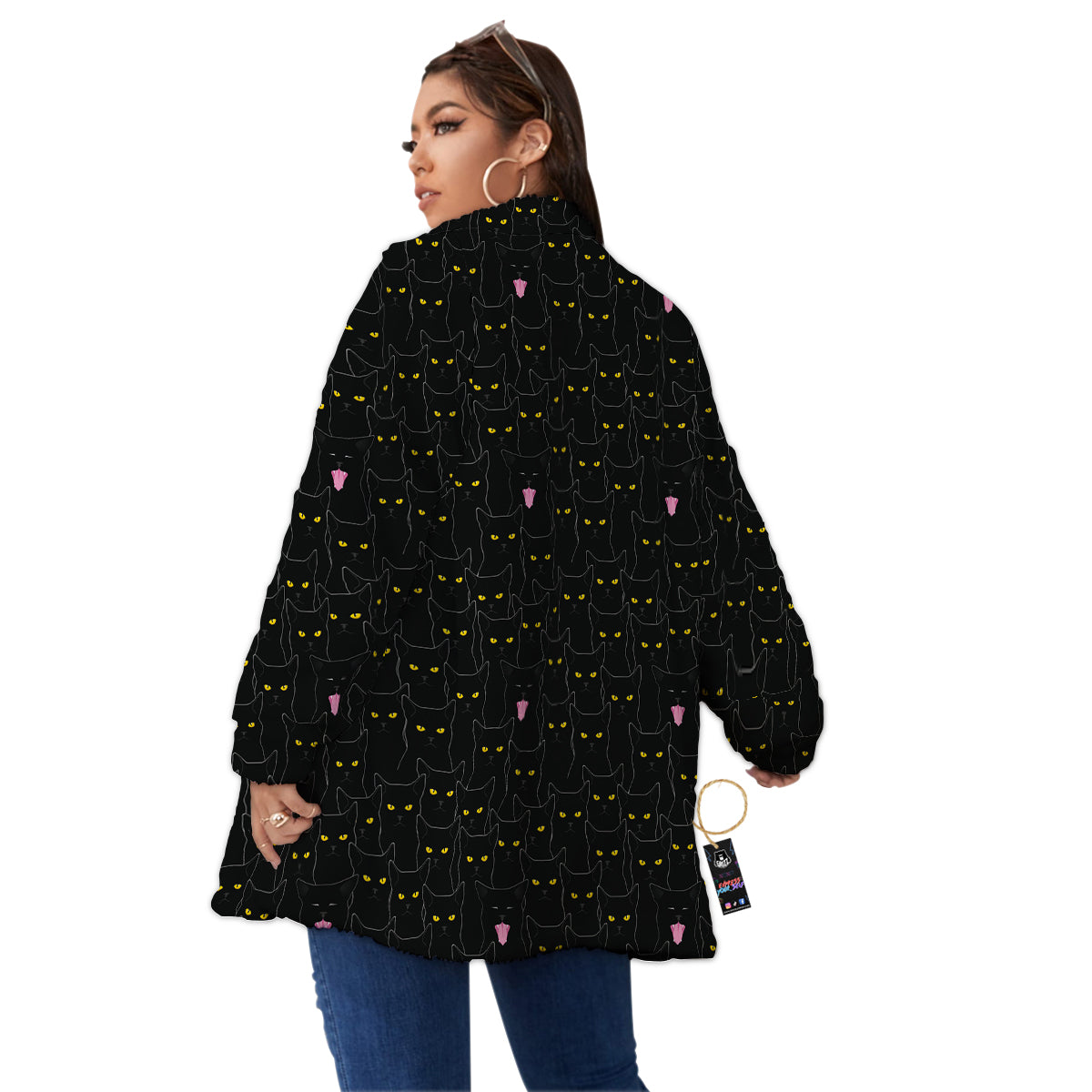 Black Cats Eyes Yellow Print Pattern Women's Sherpa Jacket-grizzshop