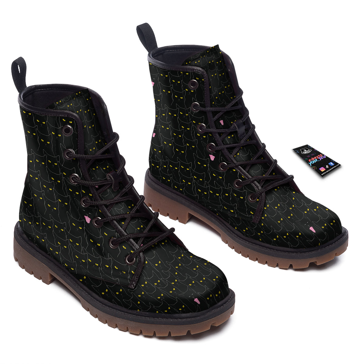 Black Cats Eyes Yellow Print Pattern Work Boots-grizzshop