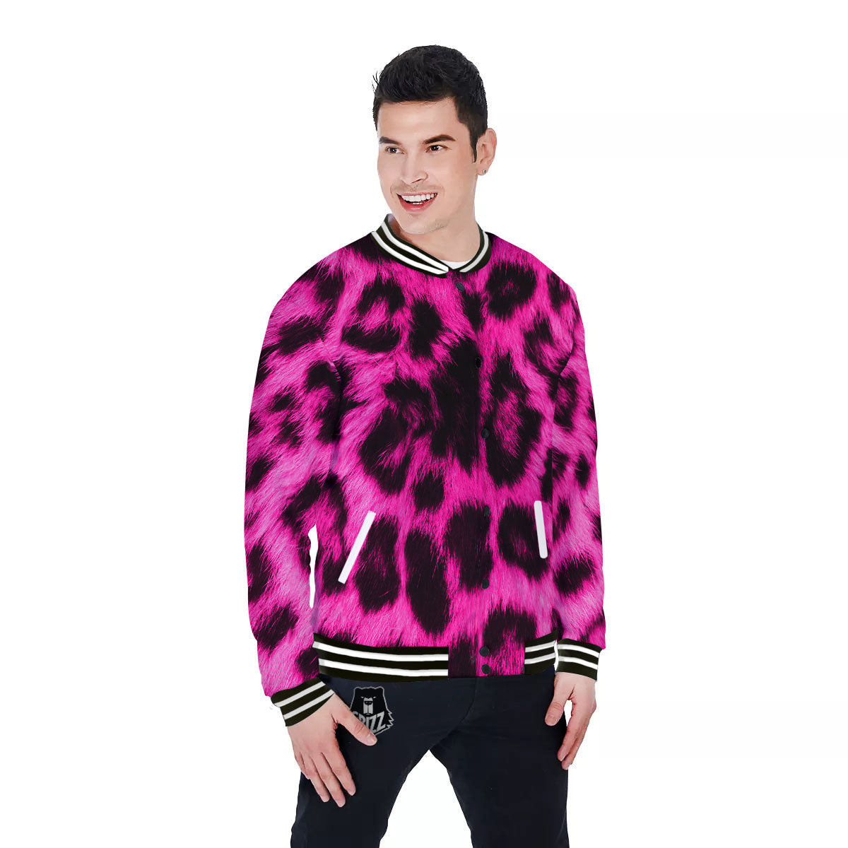 Black Cheetah And Hot Pink Print Baseball Jacket-grizzshop