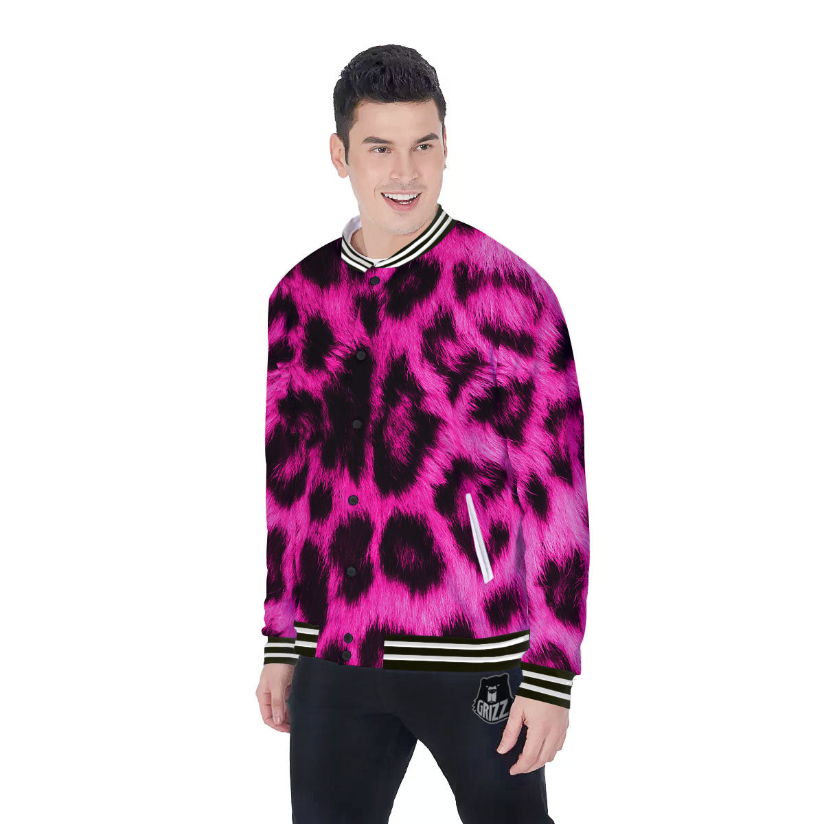 Black Cheetah And Hot Pink Print Baseball Jacket-grizzshop