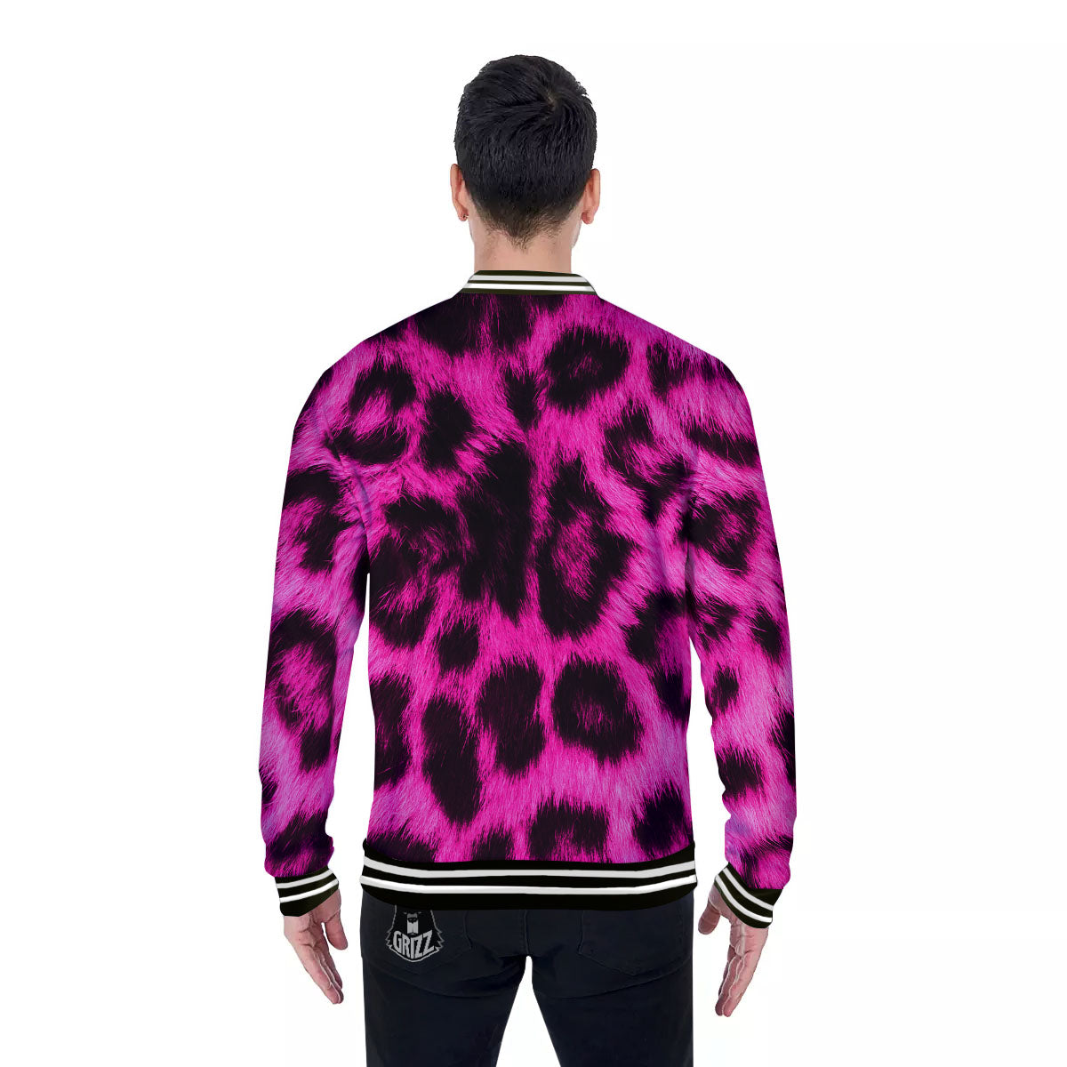 Black Cheetah And Hot Pink Print Baseball Jacket-grizzshop