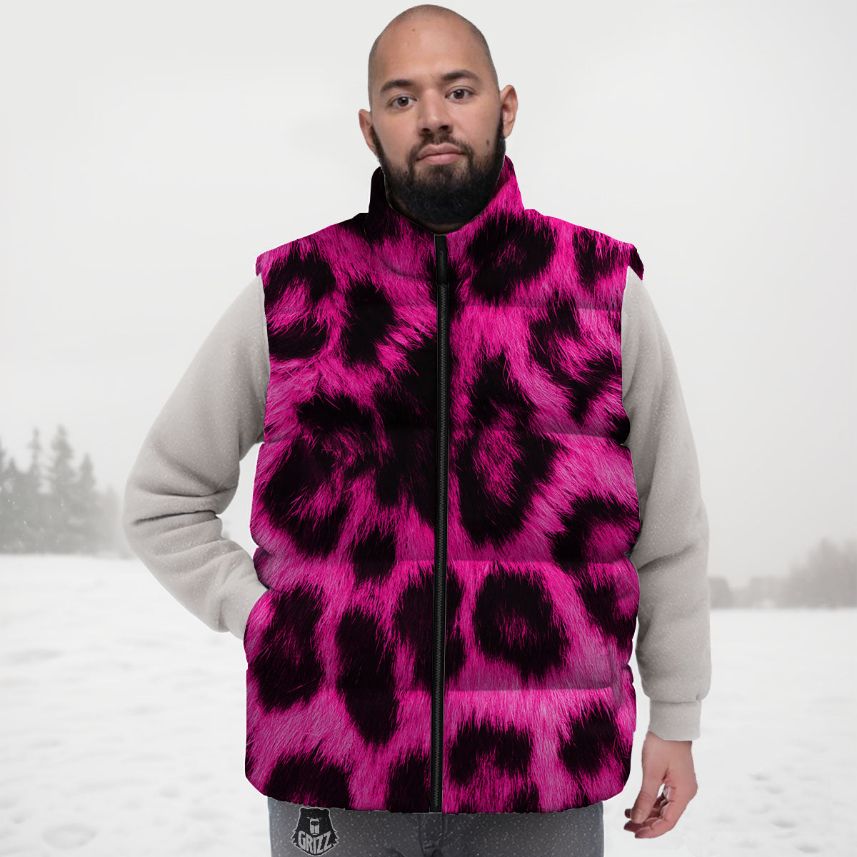 Black Cheetah And Hot Pink Print Down Vest