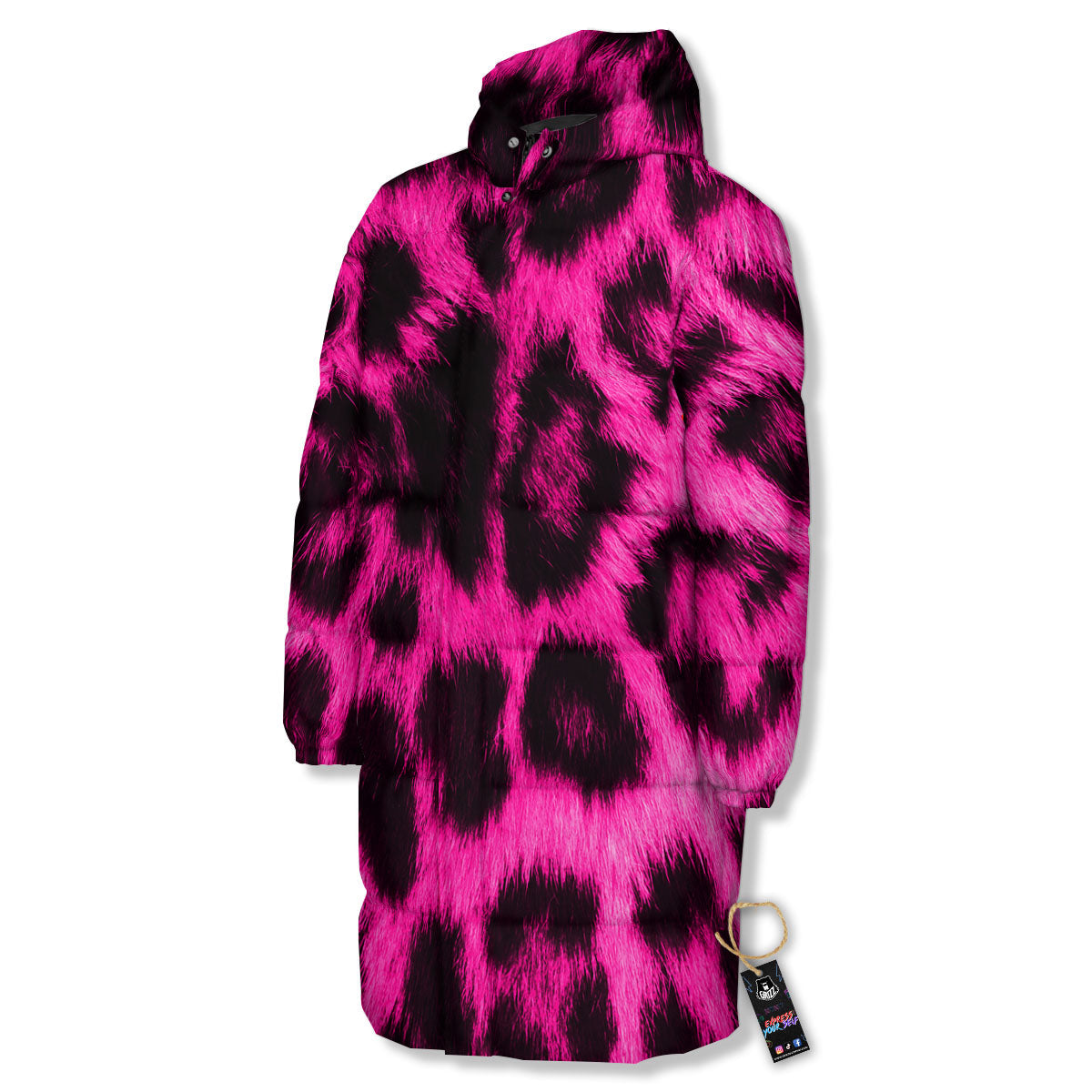 Black Cheetah And Hot Pink Print Long Down Jacket-grizzshop