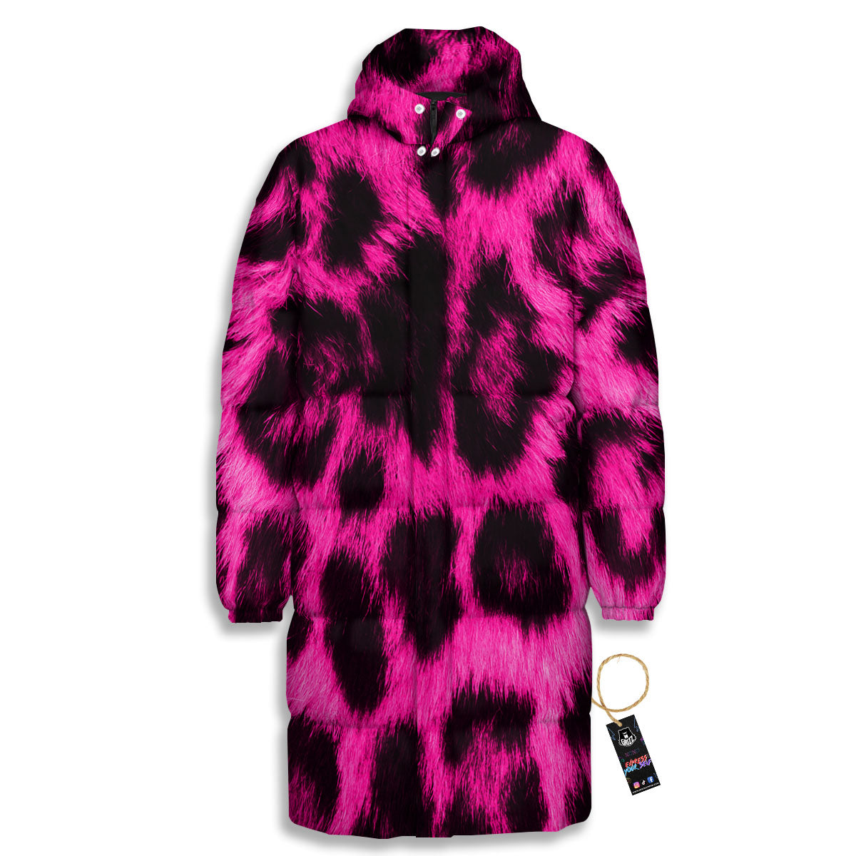 Black Cheetah And Hot Pink Print Long Down Jacket-grizzshop