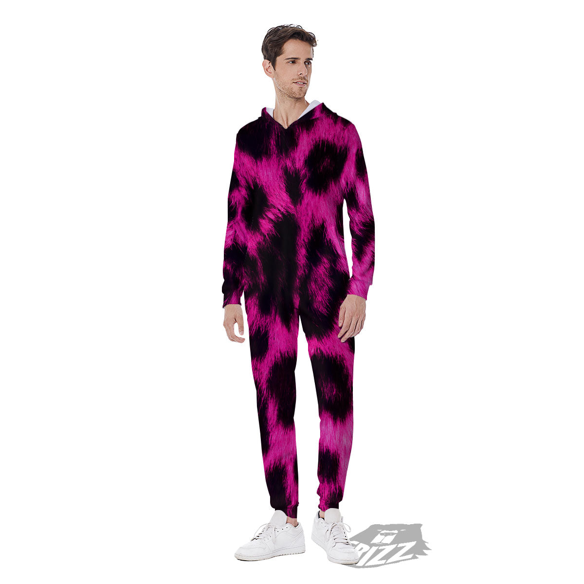 Black Cheetah And Hot Pink Print Men's Jumpsuit-grizzshop