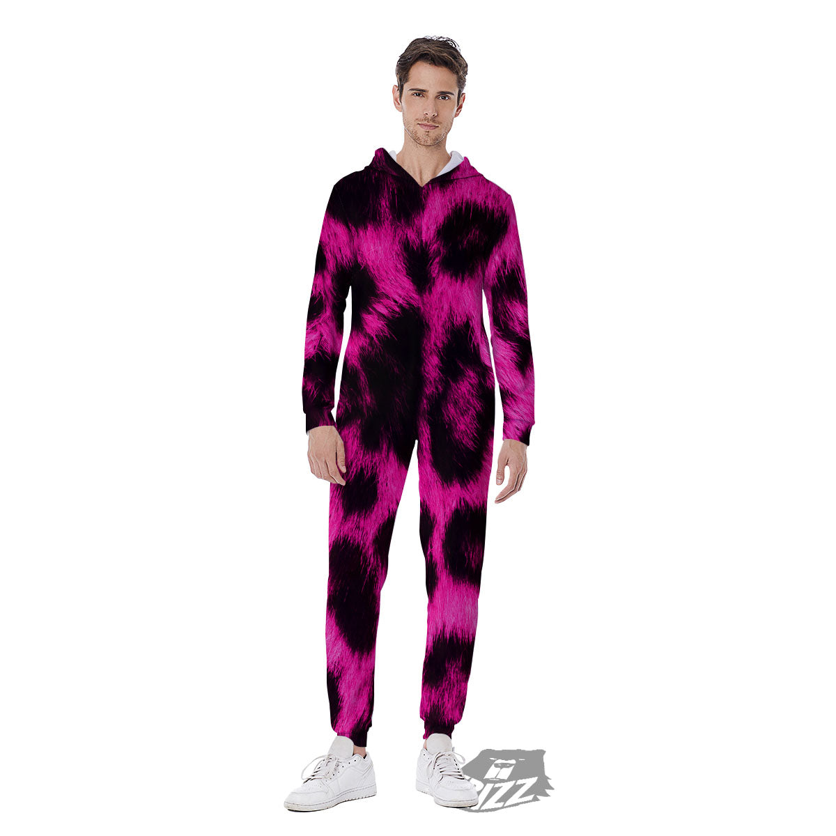 Black Cheetah And Hot Pink Print Men's Jumpsuit-grizzshop