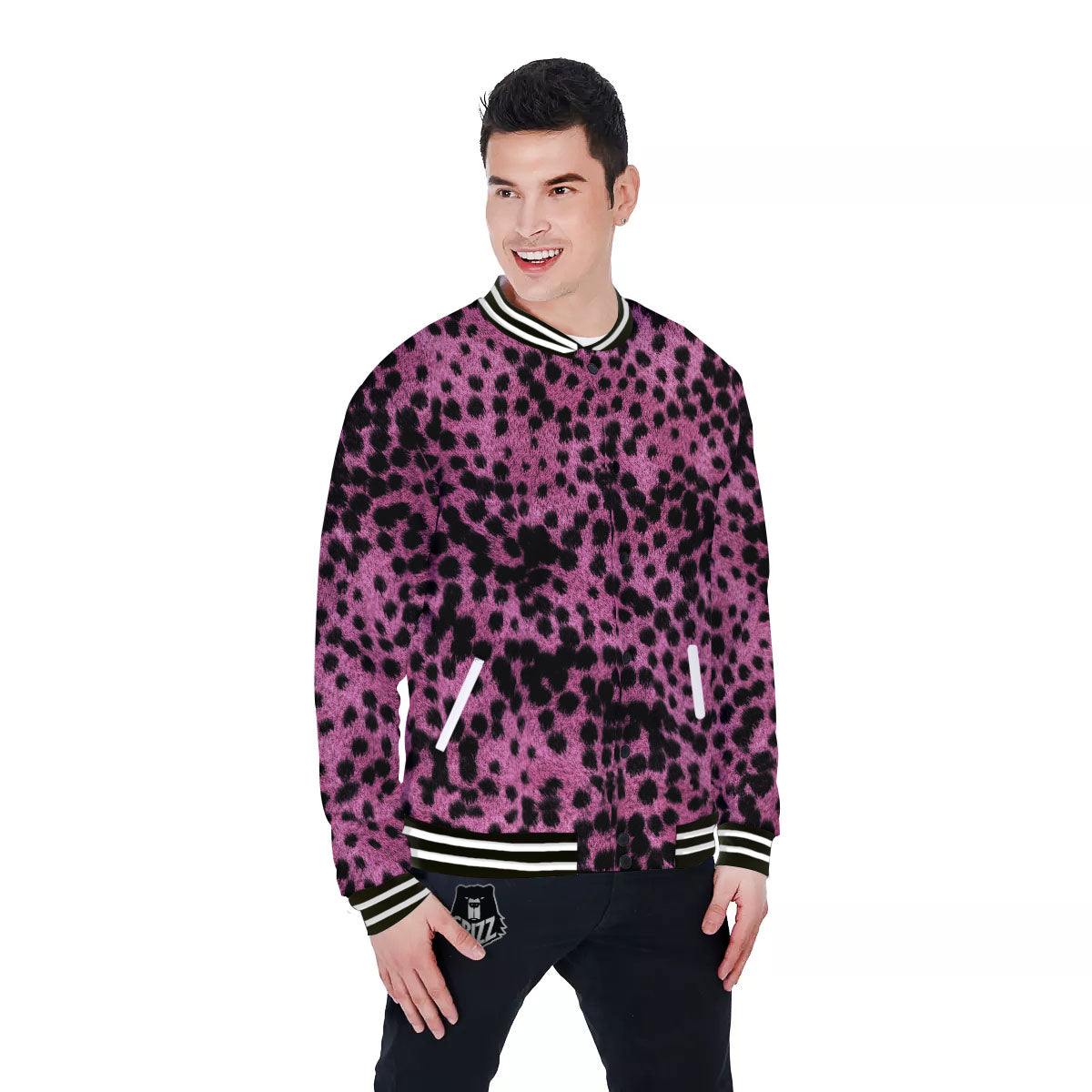 Black Cheetah And Hot Purple Print Baseball Jacket-grizzshop