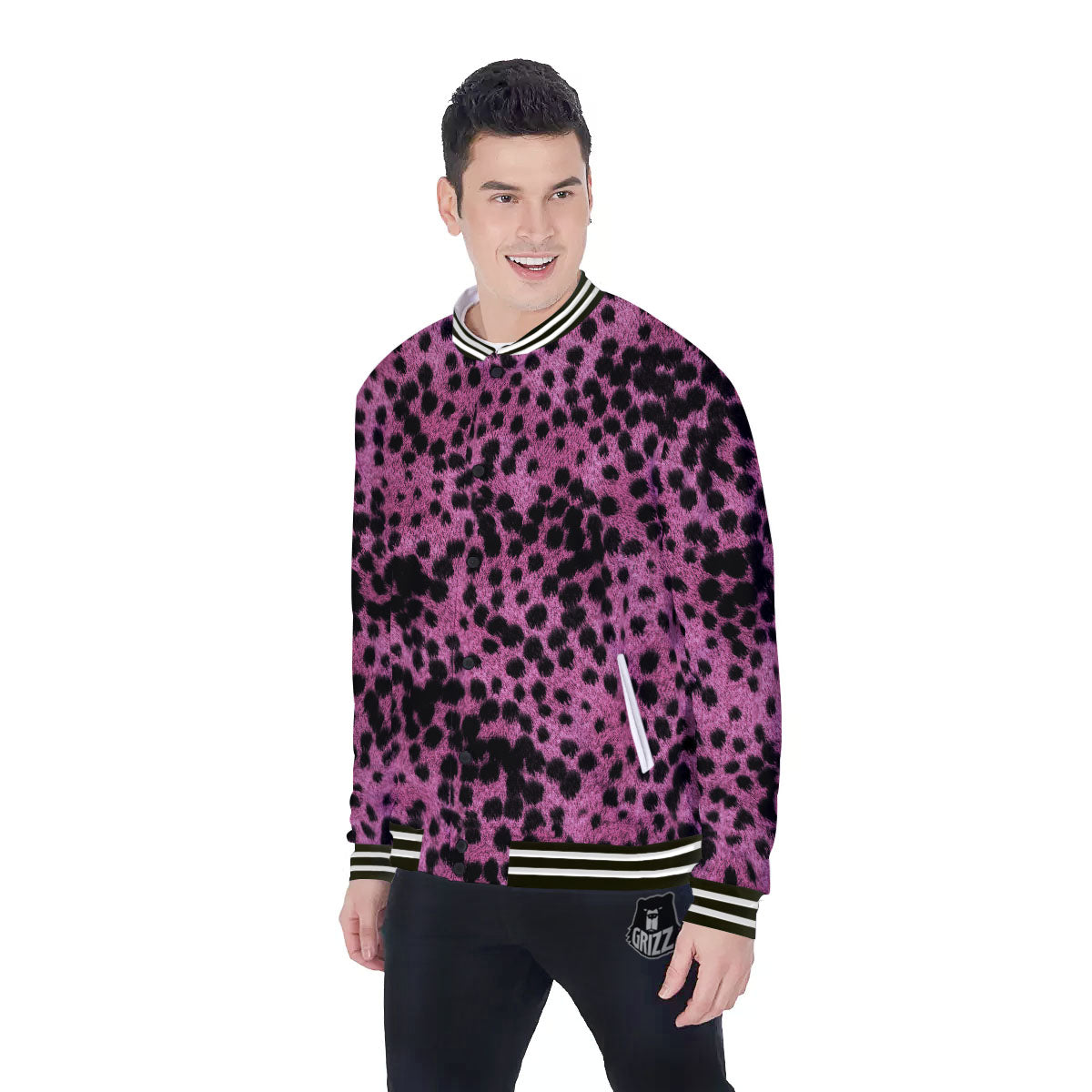 Black Cheetah And Hot Purple Print Baseball Jacket-grizzshop