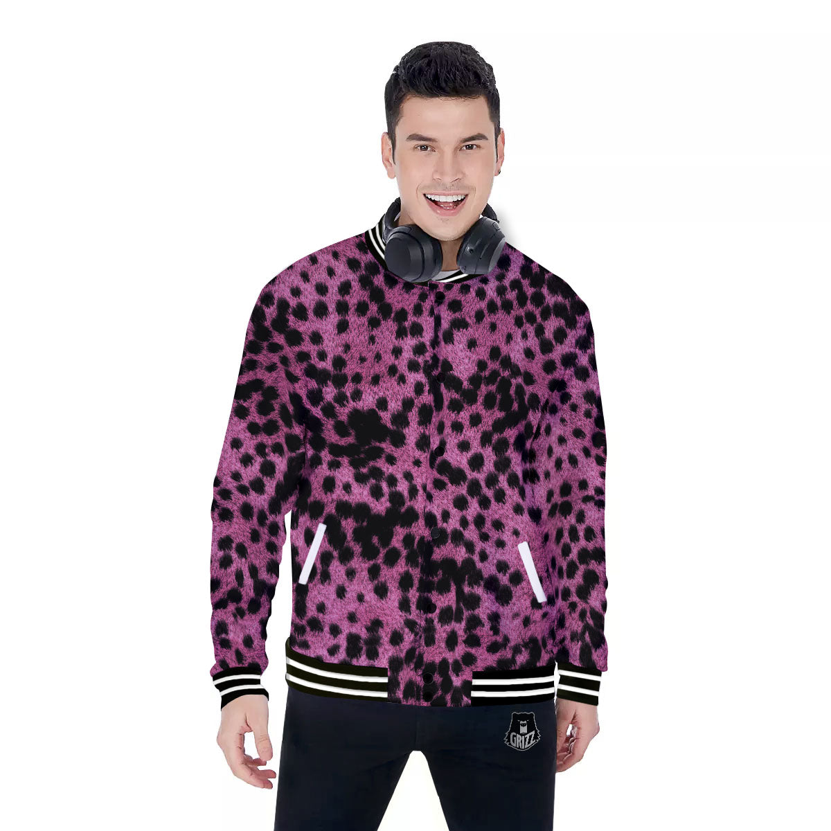 Black Cheetah And Hot Purple Print Baseball Jacket-grizzshop