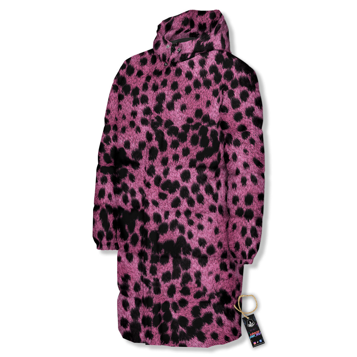 Black Cheetah And Hot Purple Print Long Down Jacket-grizzshop