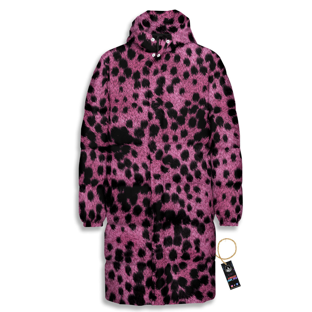 Black Cheetah And Hot Purple Print Long Down Jacket-grizzshop
