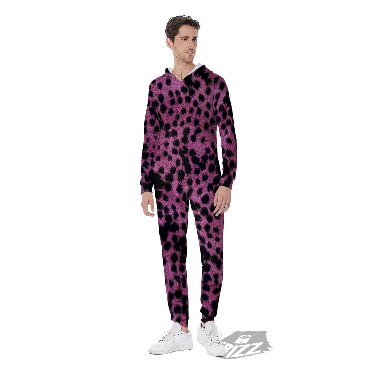 Black Cheetah And Hot Purple Print Men's Jumpsuit-grizzshop