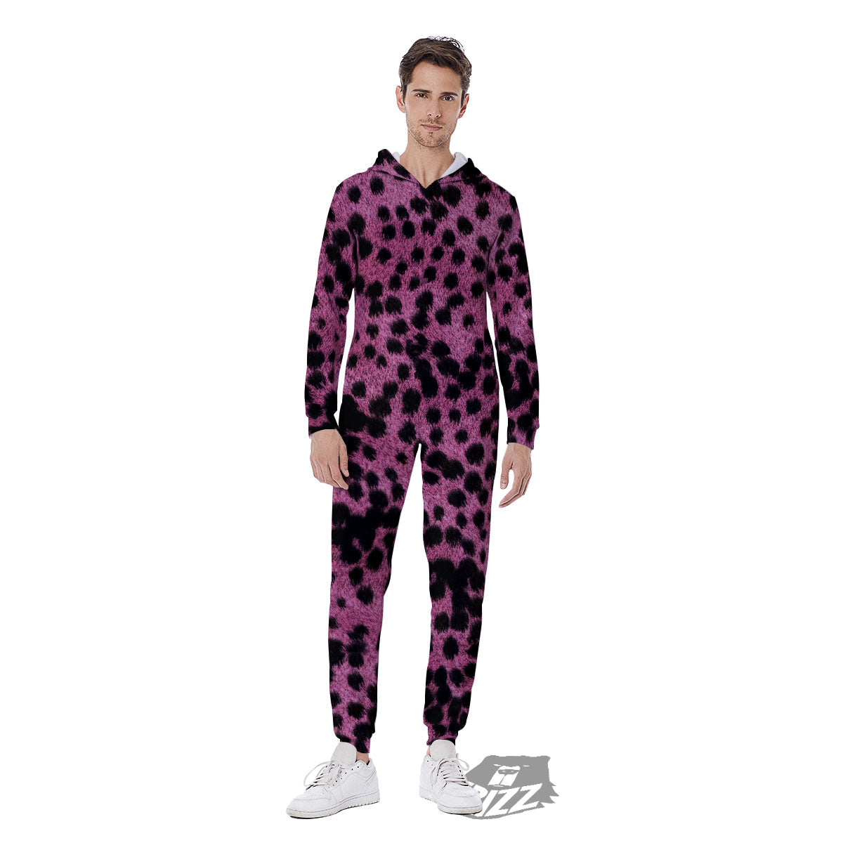 Black Cheetah And Hot Purple Print Men's Jumpsuit-grizzshop