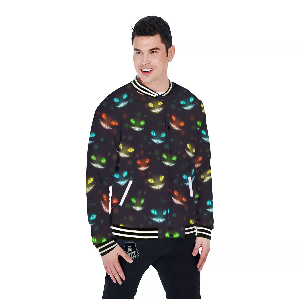 Black Cheshire Cat Print Pattern Baseball Jacket-grizzshop