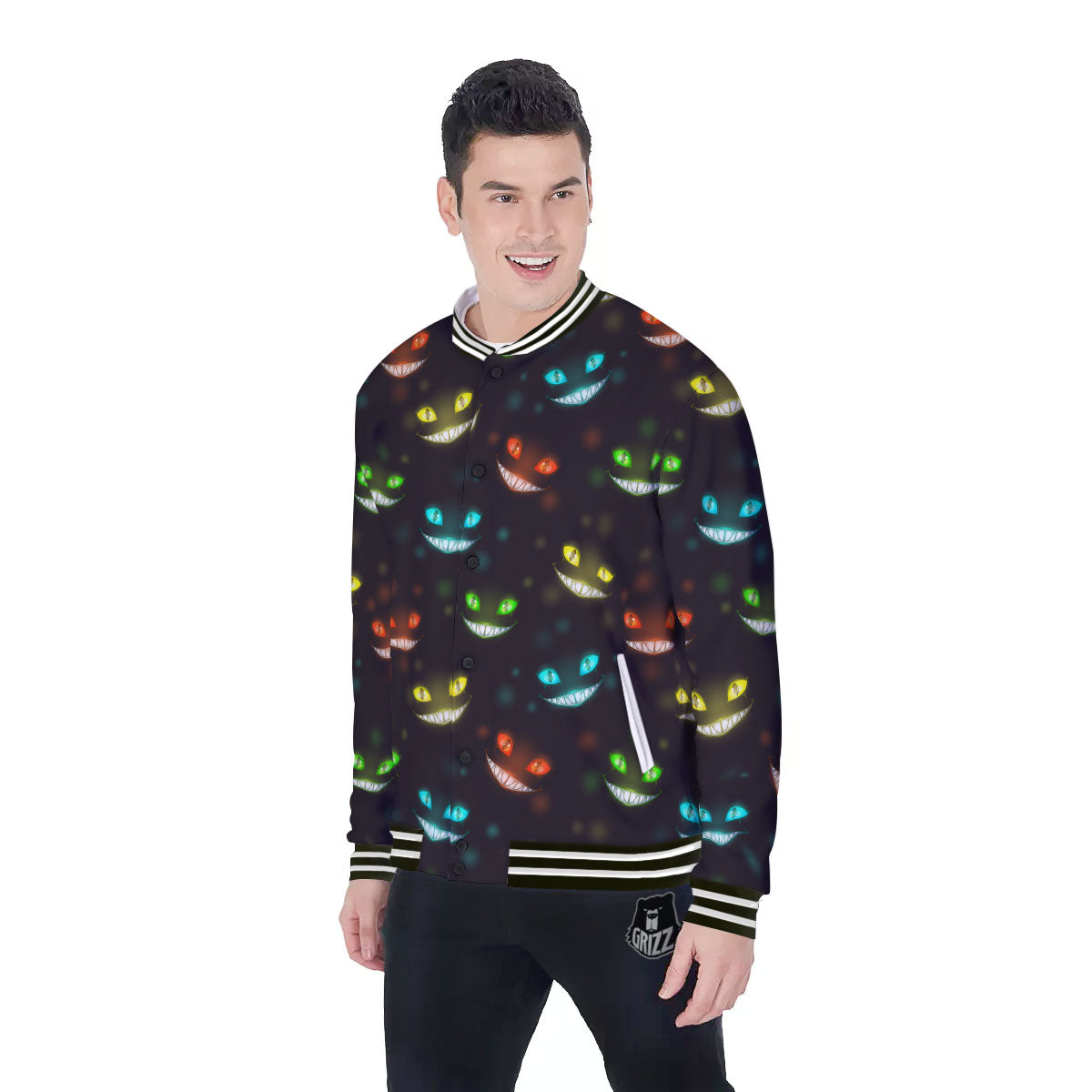 Black Cheshire Cat Print Pattern Baseball Jacket-grizzshop
