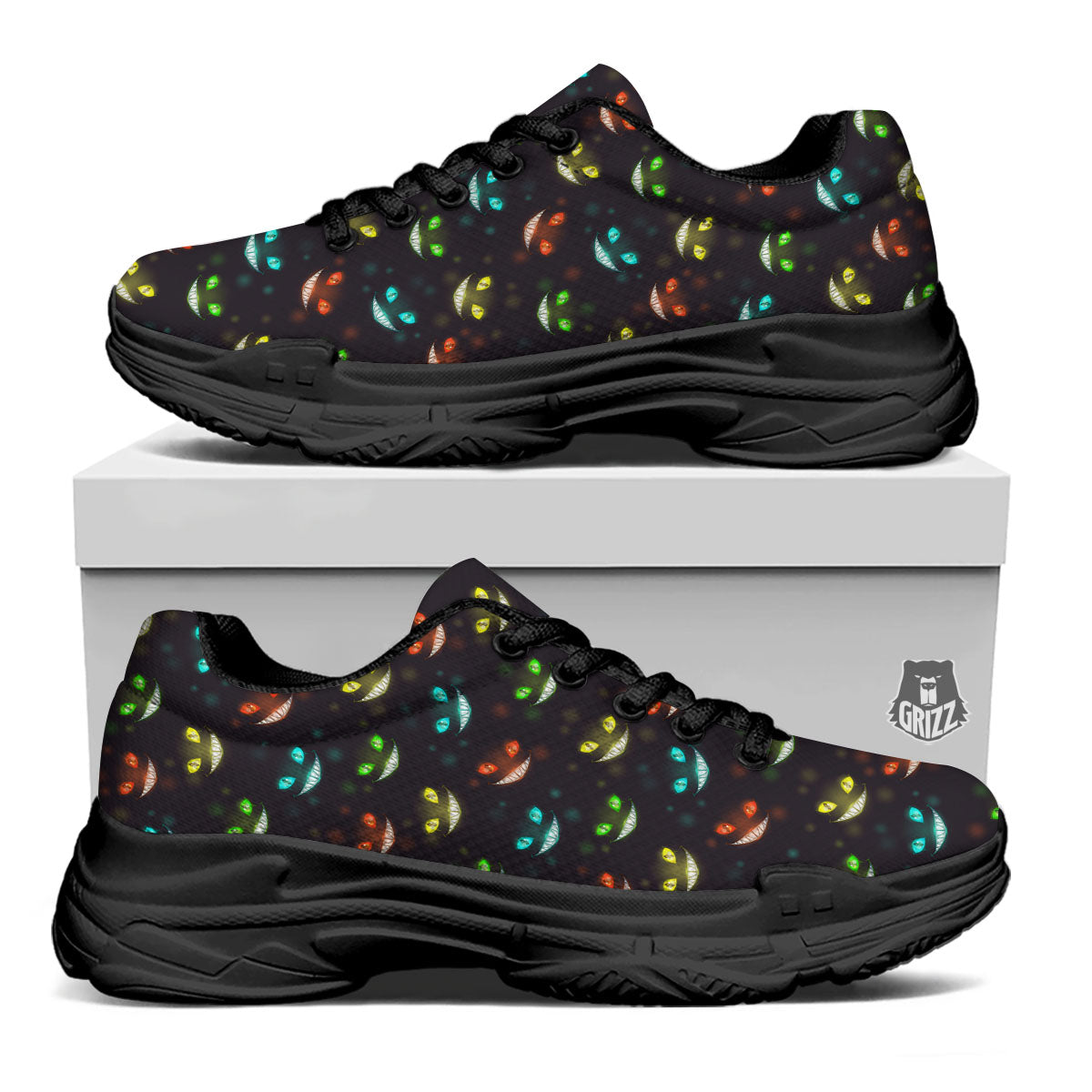 Black Cheshire Cat Print Pattern Black Chunky Shoes-grizzshop