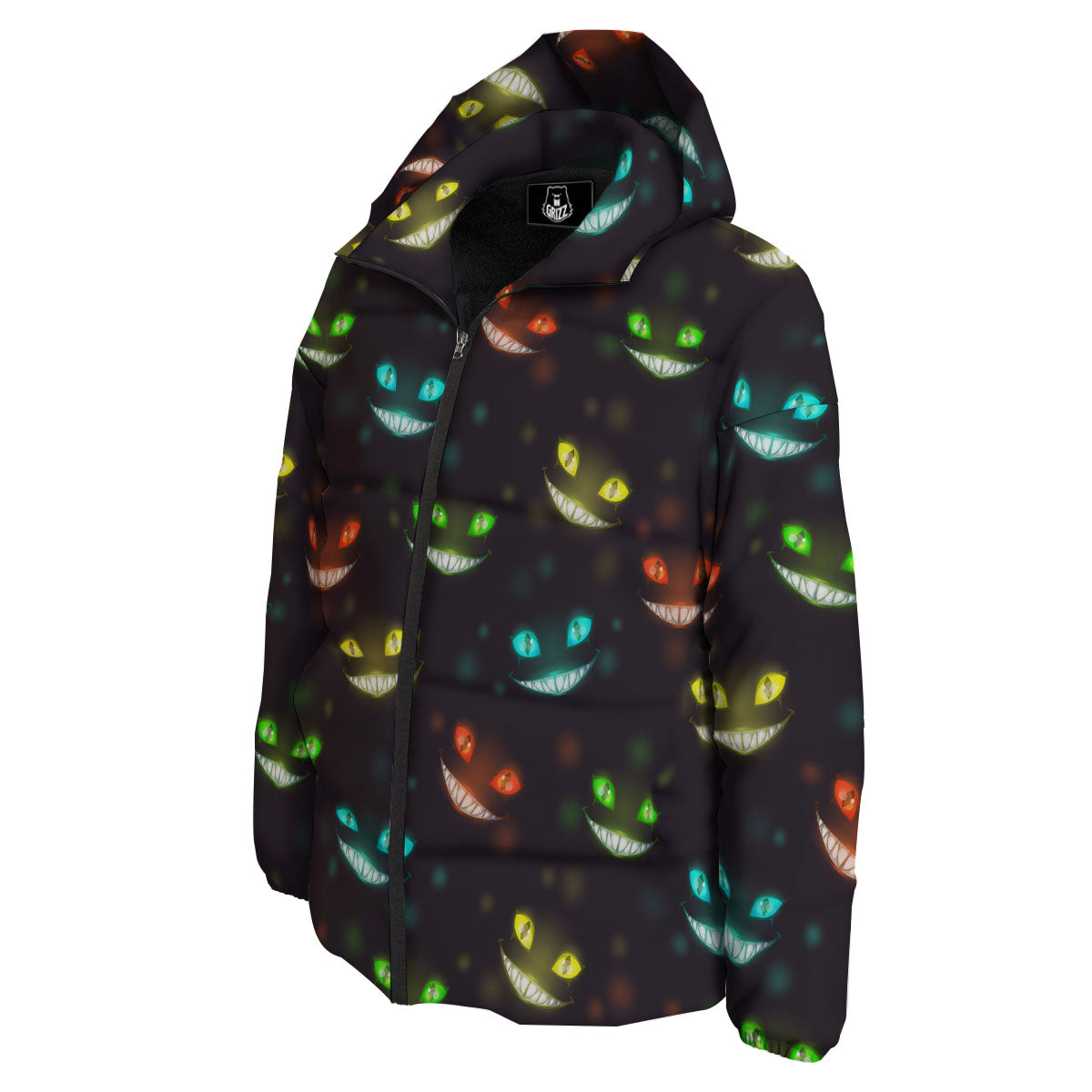 Black Cheshire Cat Print Pattern Down Jacket-grizzshop