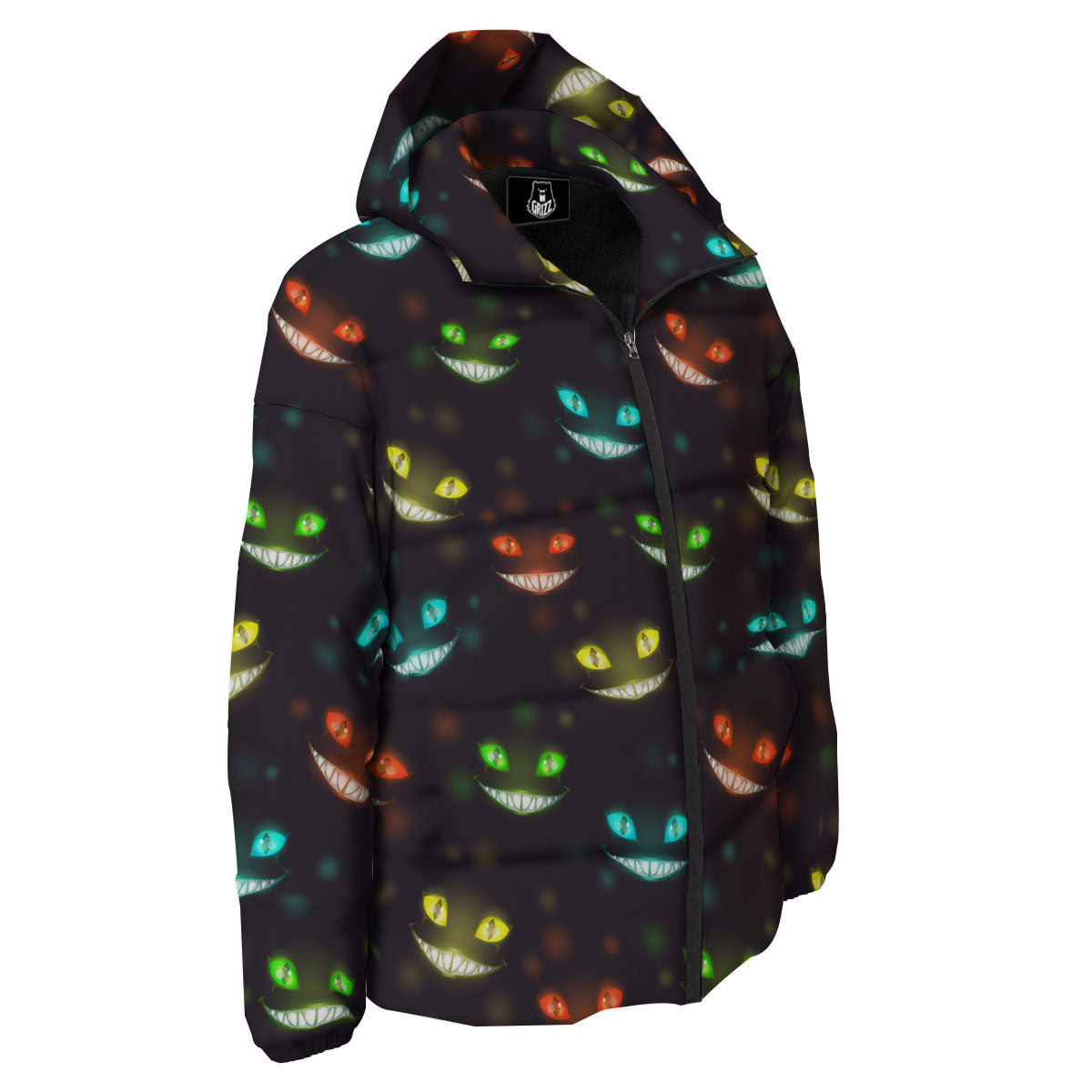 Black Cheshire Cat Print Pattern Down Jacket-grizzshop