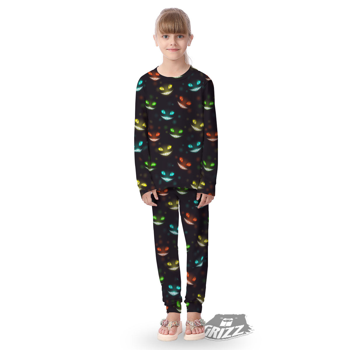 Black Cheshire Cat Print Pattern Kid's Pajamas-grizzshop