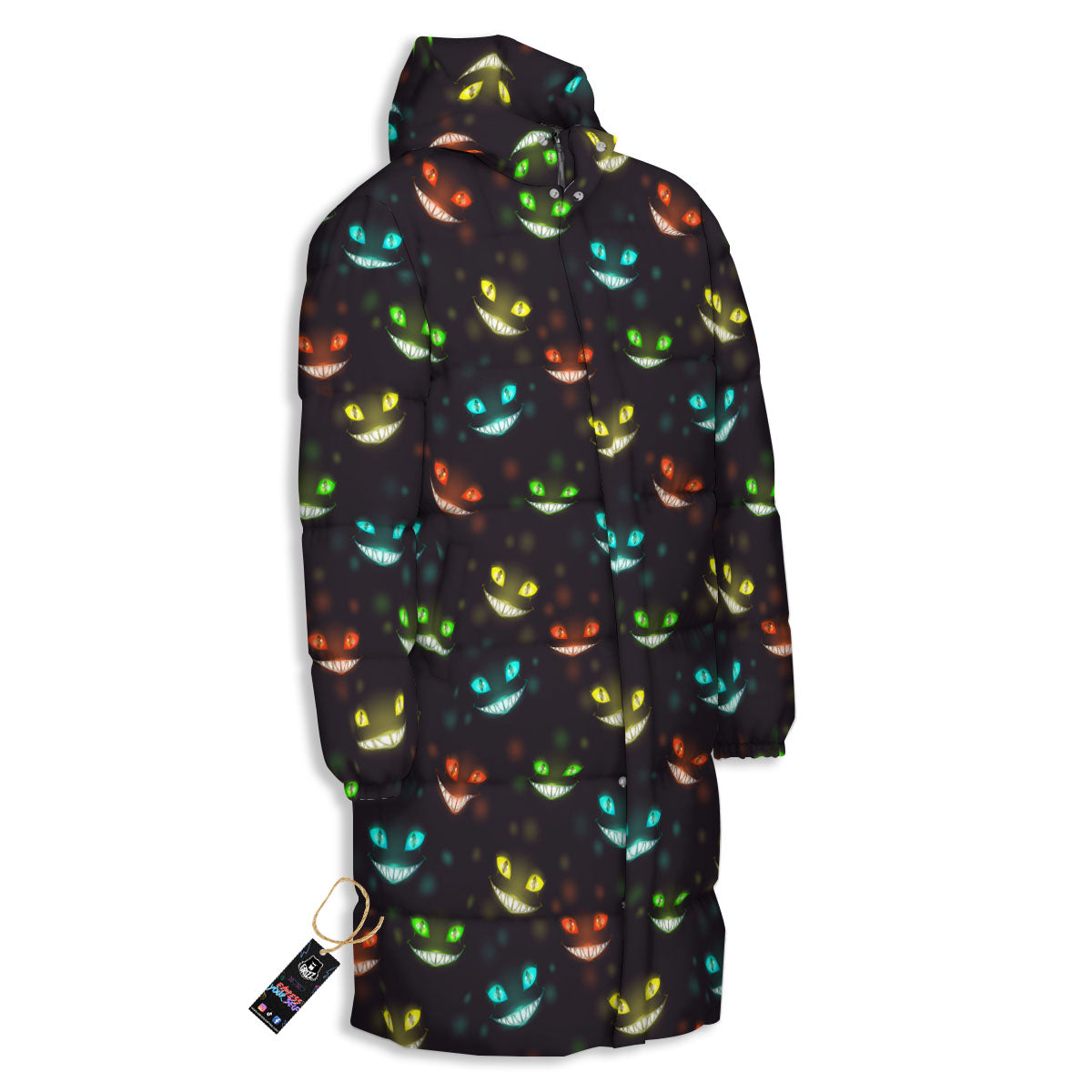 Black Cheshire Cat Print Pattern Long Down Jacket-grizzshop