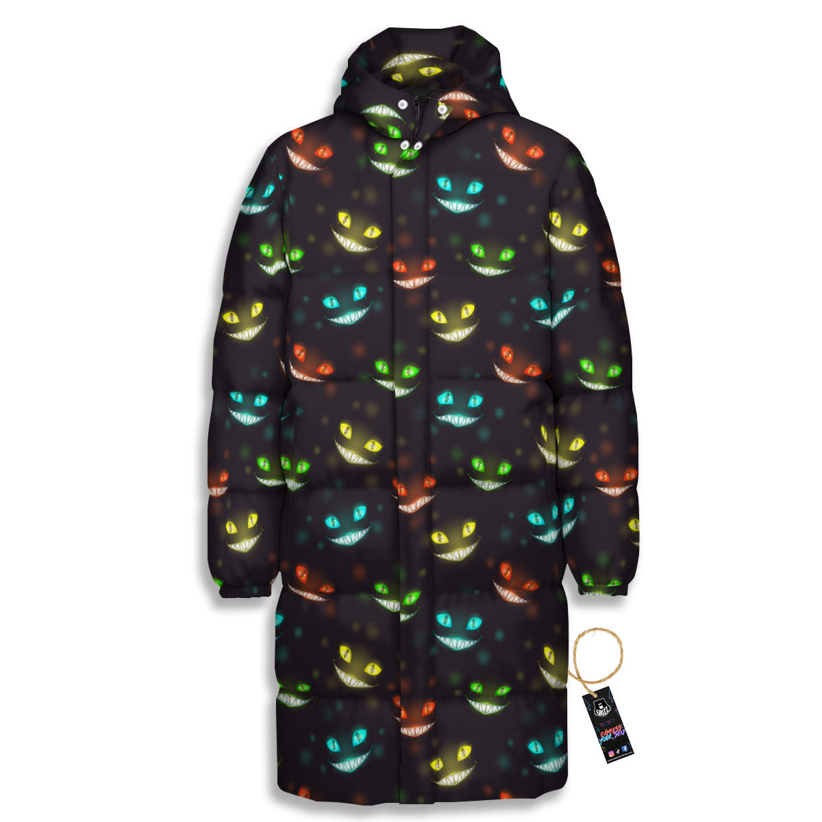 Black Cheshire Cat Print Pattern Long Down Jacket-grizzshop