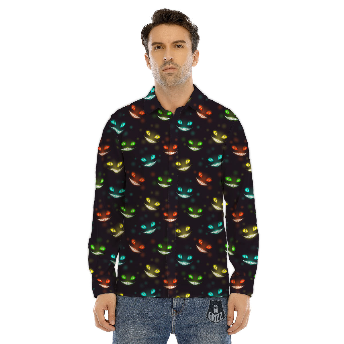 Black Cheshire Cat Print Pattern Men's Dress Shirts-grizzshop