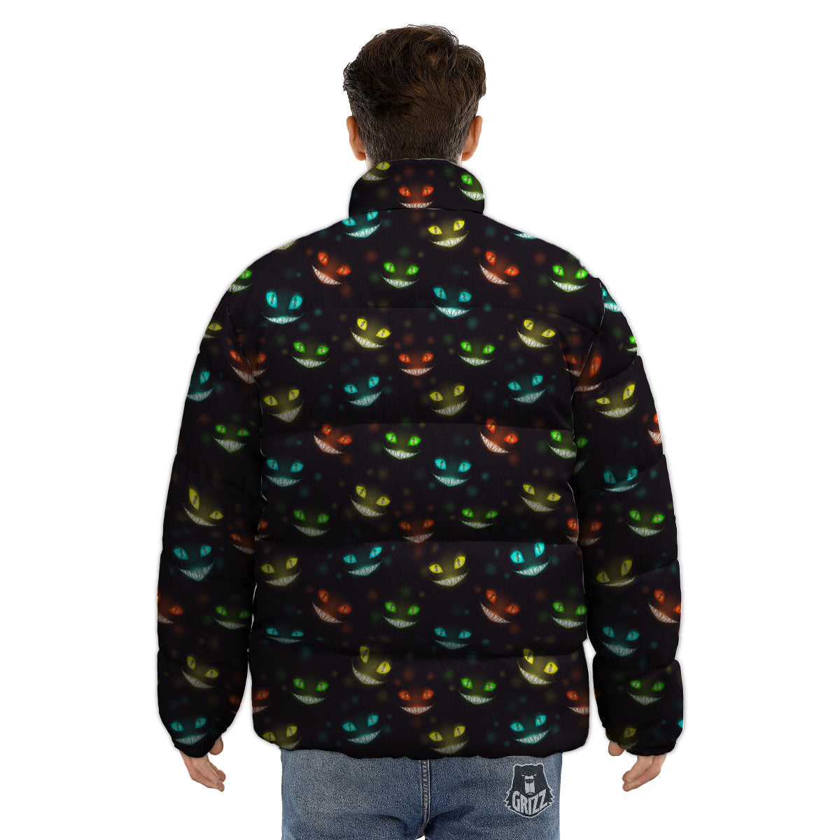 Black Cheshire Cat Print Pattern Puffer Jacket-grizzshop