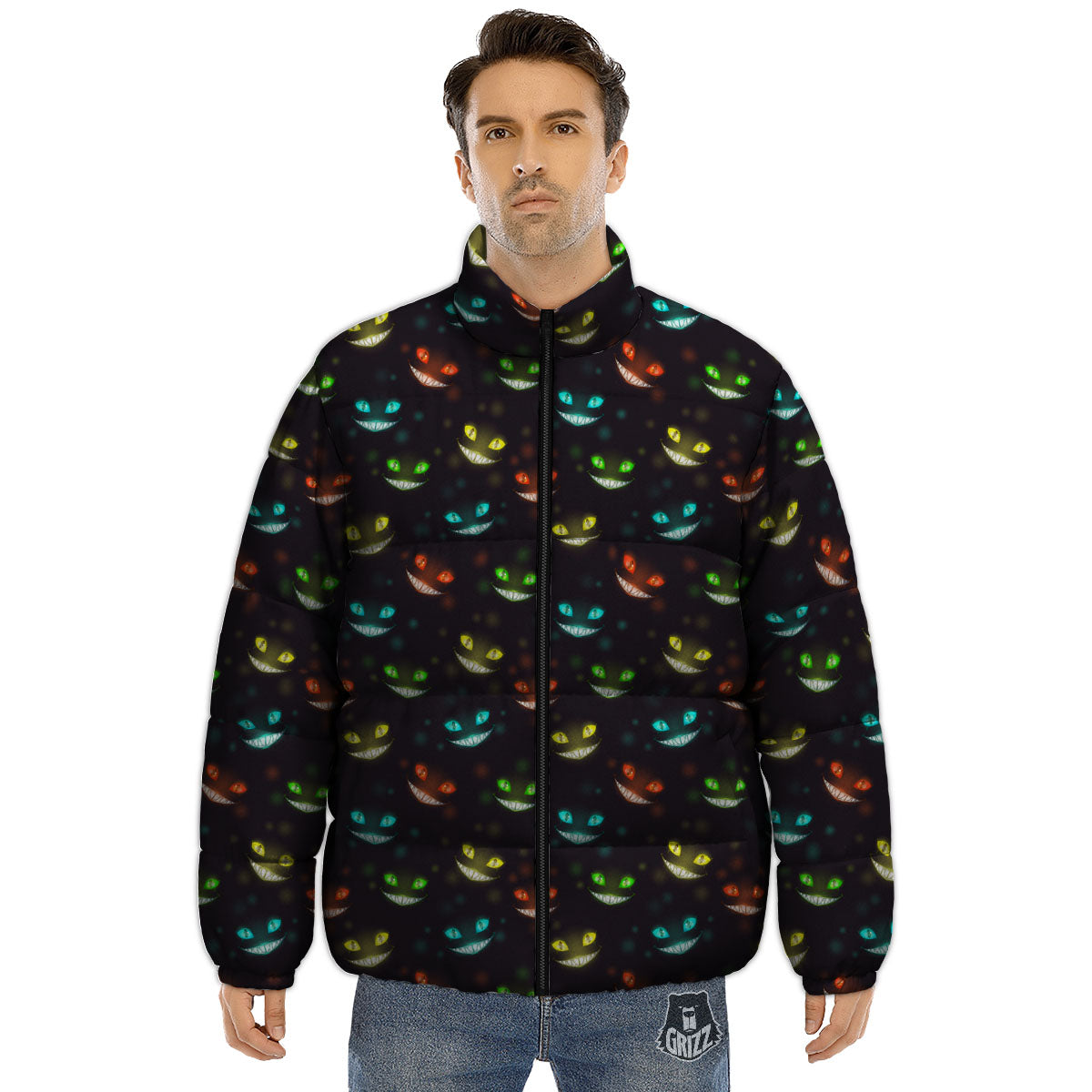Black Cheshire Cat Print Pattern Puffer Jacket-grizzshop