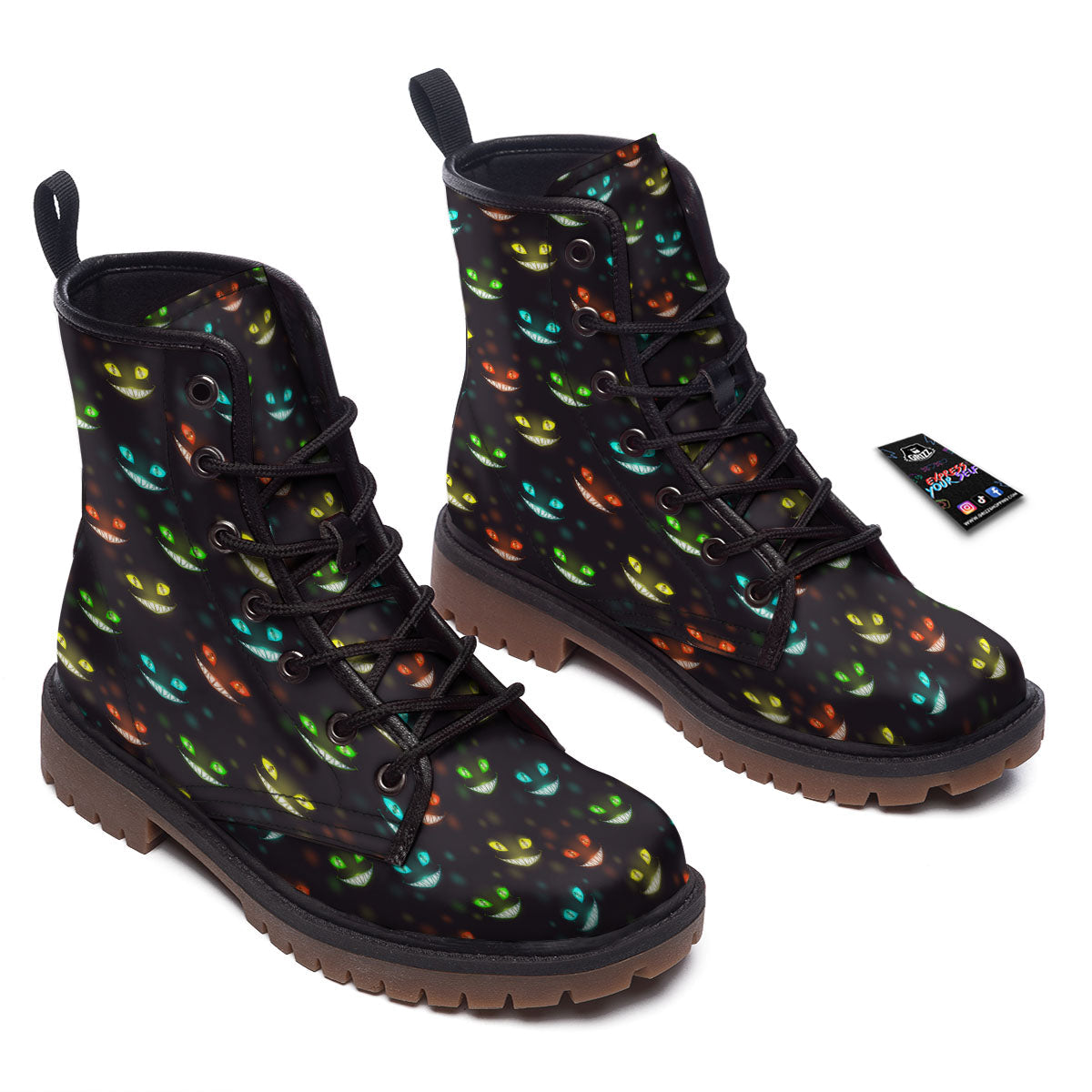 Black Cheshire Cat Print Pattern Work Boots-grizzshop