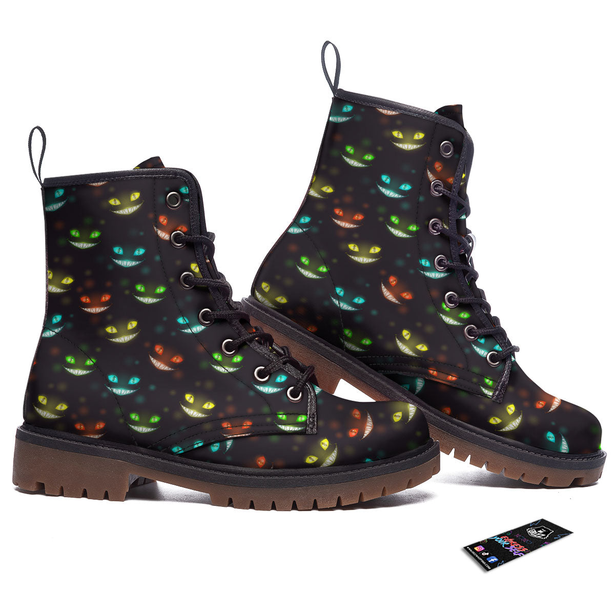 Black Cheshire Cat Print Pattern Work Boots-grizzshop