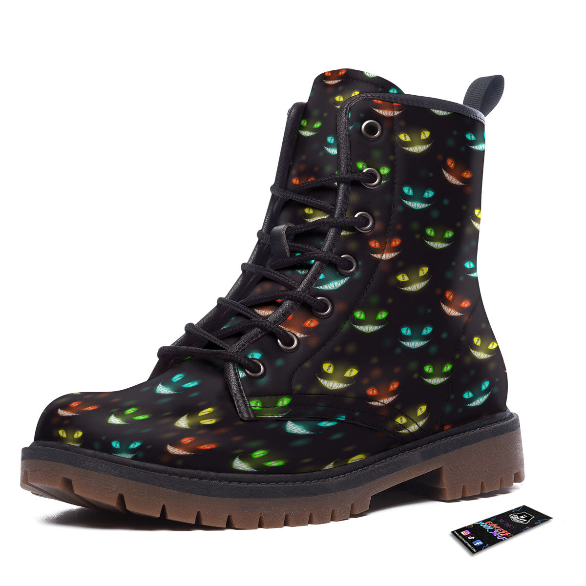 Black Cheshire Cat Print Pattern Work Boots-grizzshop