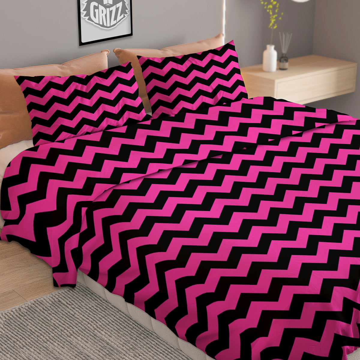 Black Chevron And Hot Pink Print Pattern Duvet Cover Bedding Set
