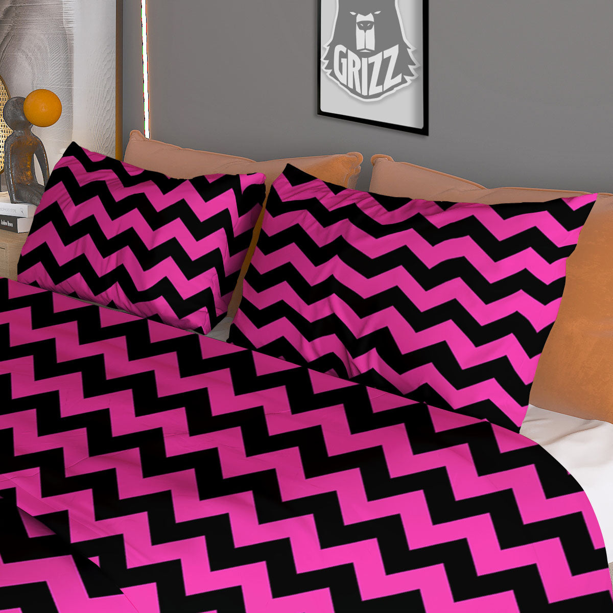 Black Chevron And Hot Pink Print Pattern Duvet Cover Bedding Set
