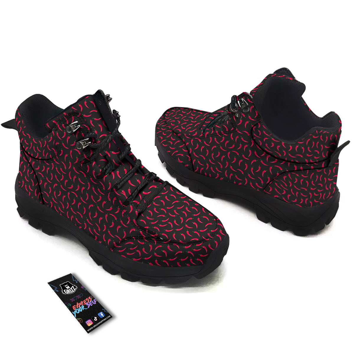 Black Chili Pepper Print Pattern Hiking Shoes-grizzshop